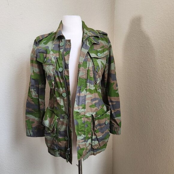 J Crew Jacket Womens XS Boyfriend Fatigue Hooded Camouflage Cotton camo army zip - Picture 13 of 13